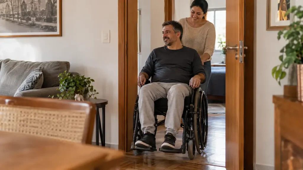 Pessoa em cadeira de rodas sendo auxiliada por uma familiar ao passar por uma porta dentro de casa.